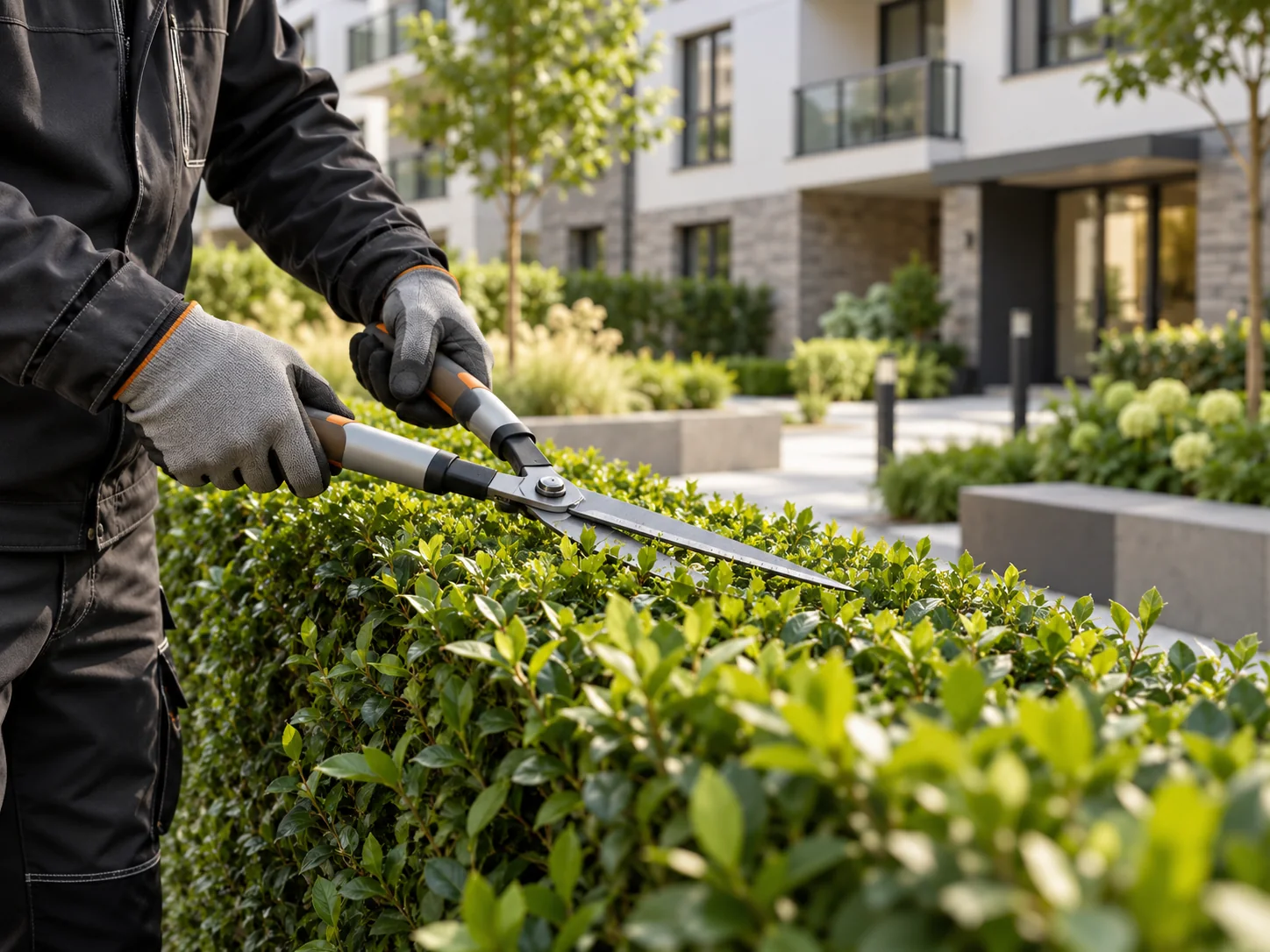 Pflege einer Hecke vor einem Wohngebäude