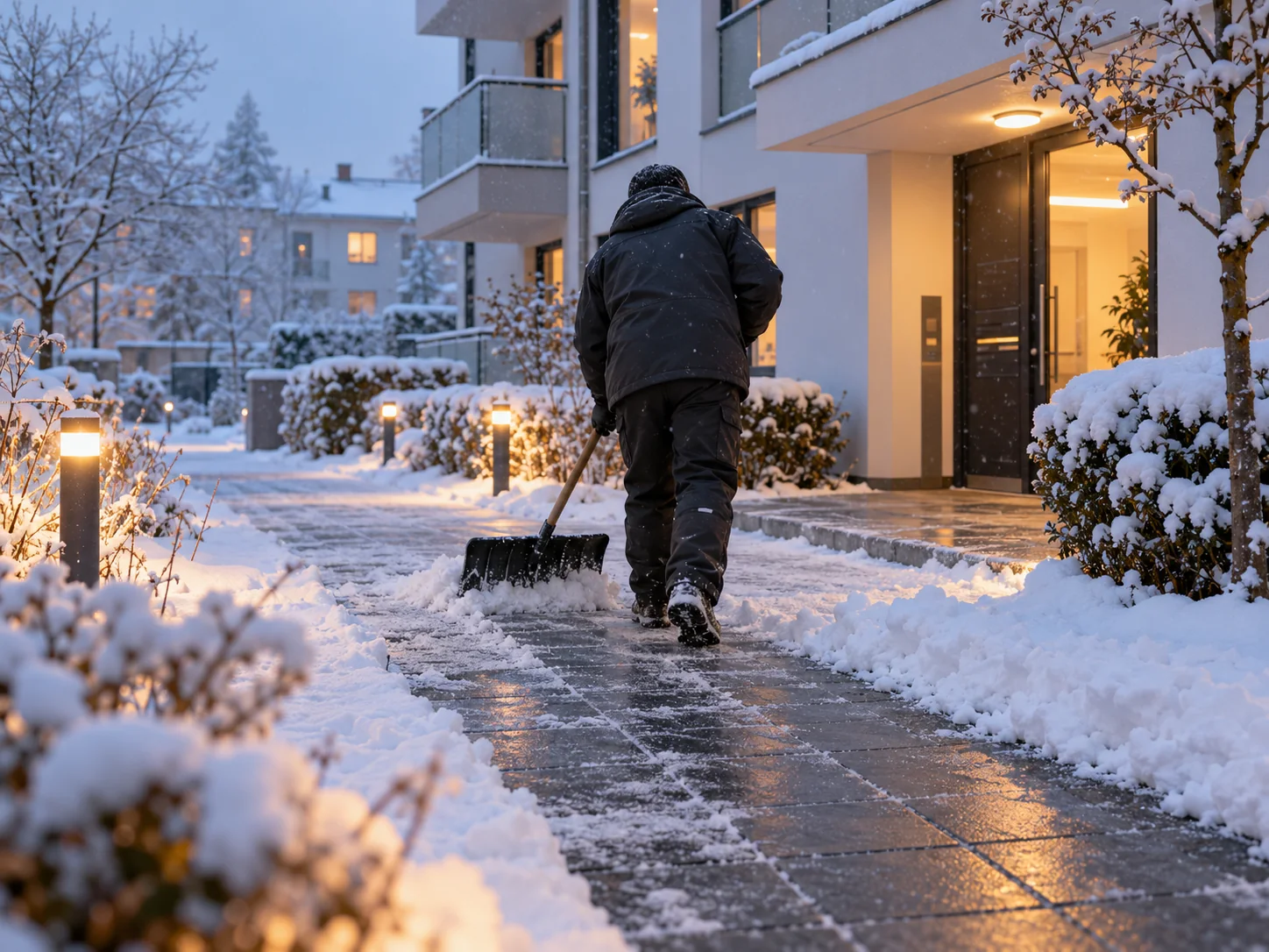 Winterdienst beim Räumen eines verschneiten Gehwegs